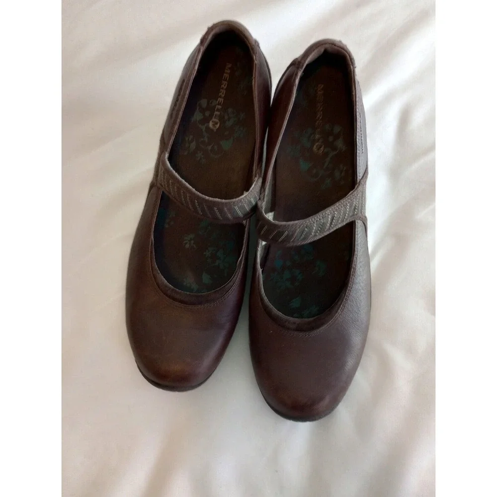 Merrell Poppy Roast Brown Leather Mary Jane Wedge Heel Shoes Vibram‎ Women's 10